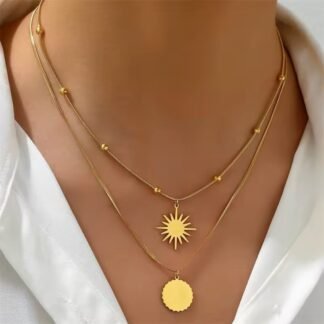 collier multirangs avec soleil en acier inoxydable