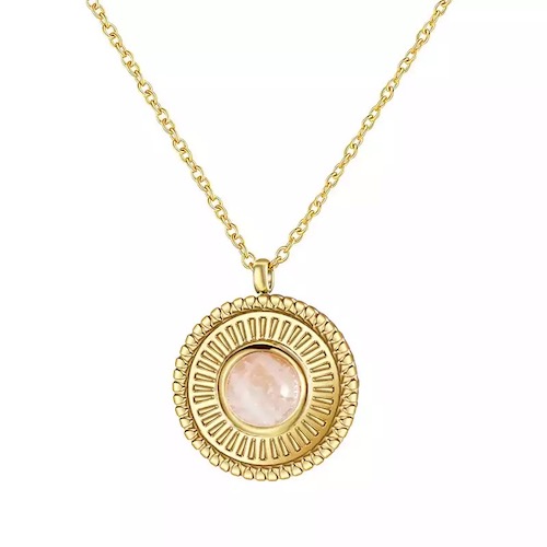 collier medaille ronde pierre rose