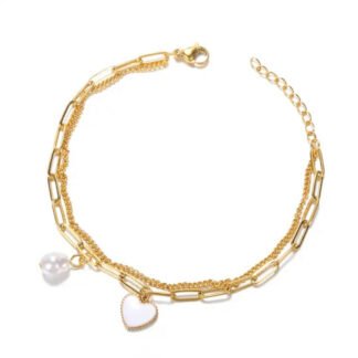 Bracelet de cheville multirang coeur en acier inoxydable avec petite perle