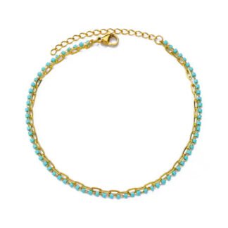 bracelet de cheville compose de deux rangs avec strass bleu