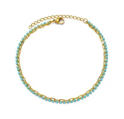 bracelet de cheville compose de deux rangs avec strass bleu