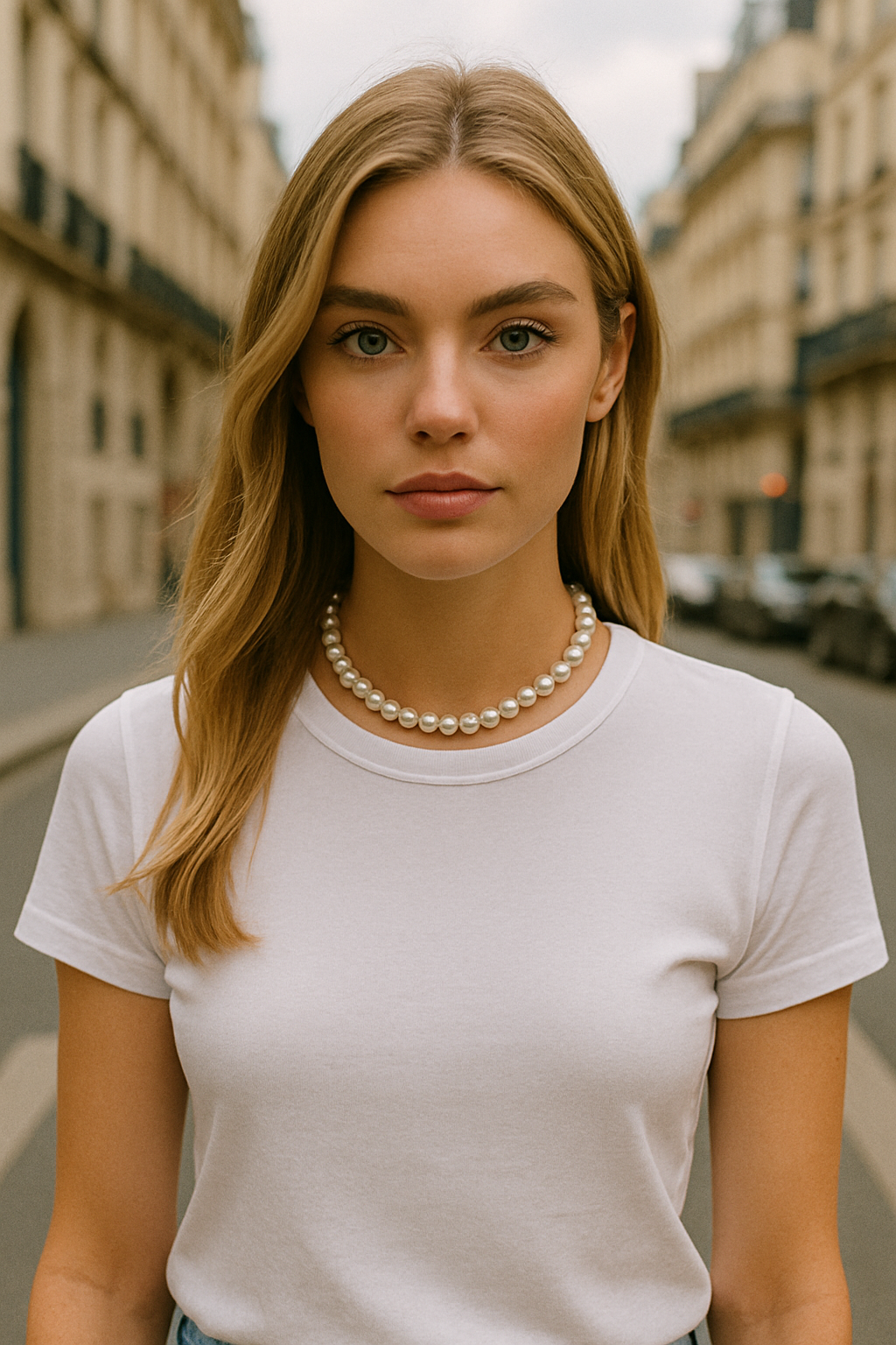 femme avec ras de cou avec perles blanches